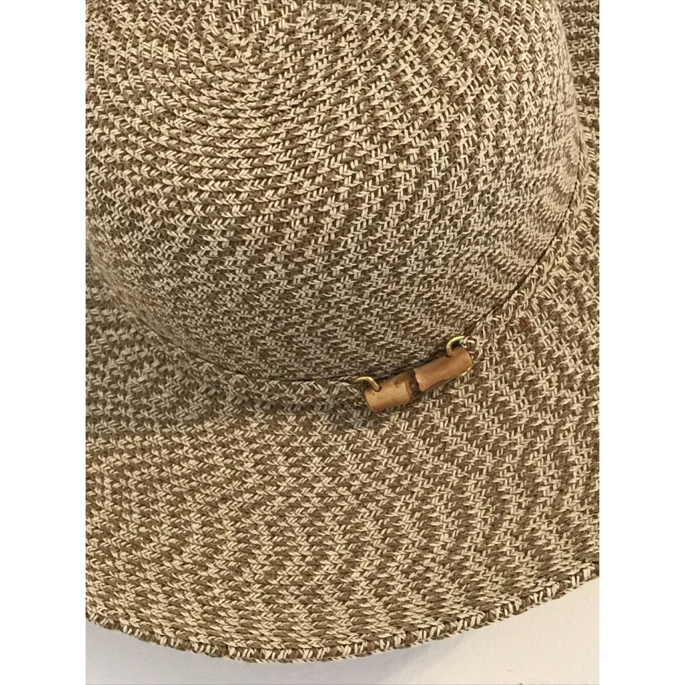 Nine & Co Floppy Sun Hat Nine West Decorative Band Bamboo Bead Woven Beige Tan